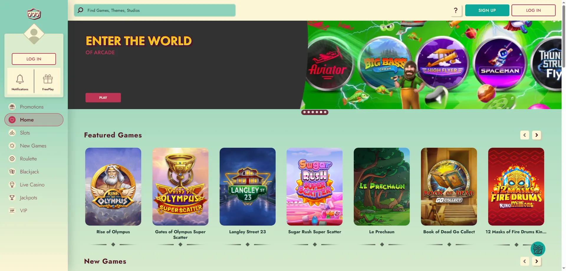 777 Casino lobby overview — slots, live games, and table titles