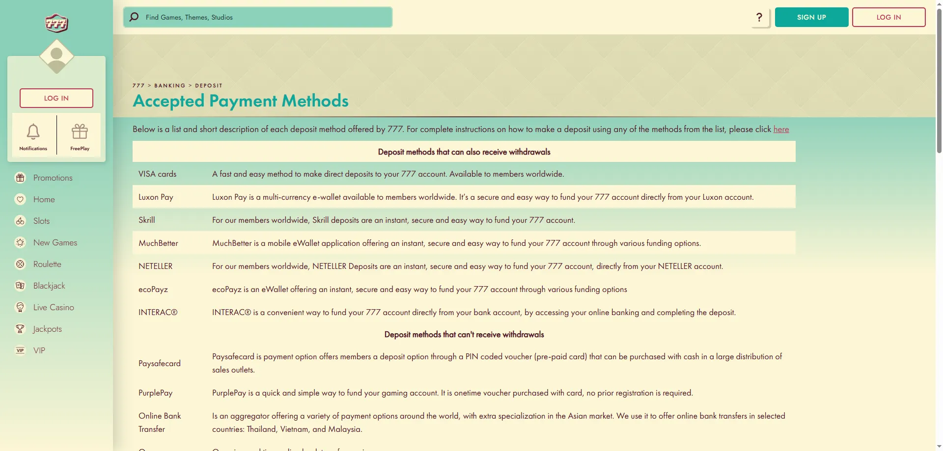 777 Casino withdrawal page showing payment methods and processing times